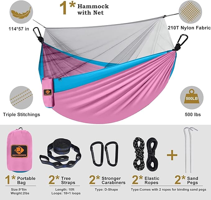 Kids Hammock, Camping Hammock with Mosquito Net, Lightweight Nylon Portable Hammock with 10ft Tree Straps,Hammocks for Travel Hiking Backpacking Beach Patio