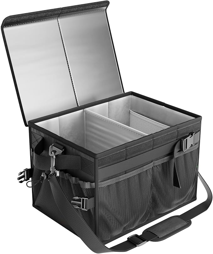 FANGSUN Black Grill Caddy, BBQ Organizer with Lid & Paper Towel Holder, Picnic Griddle Caddy for Outdoor Camping, Barbecue Accessories Organizer, 32L Capacity, Black