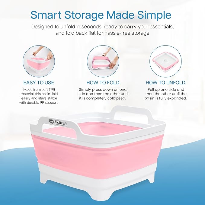 EZuraa 2.4 gal(9L) Pink Collapsible Dish Basin, Portable Sink or Dish Pan for Kitchen Sink with Drain Plug/Strainer, Space Saving Baby Bottle Wash Basin Collapsible Bucket, Beverage Tub for Camping