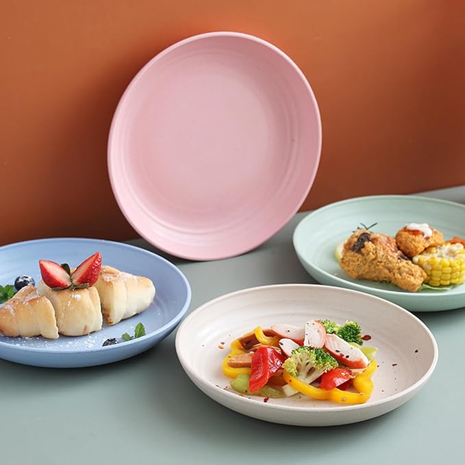 Wheat Straw Plates, Unbreakable Dinner Plates Set of 4, 8 Inch Plastic Plates Reusable, Dishwasher & Microwave Safe, Lightweight Salad Plates for Camping/Kitchen