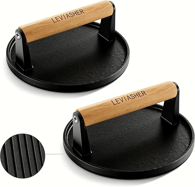 2 Pack 2.3lb Steak Weight & Burger Press, Striped Base, 7" Heavy Duty Cast Iron Grill Press with Wood Handle for Blackstone, Chef, Camp, Panini, Vegetable, Bacon, Sandwich, BBQ