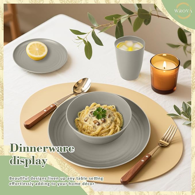 Wrova 32-piece Kitchen Alternative Melamine Wheat Straw Dinnerware Sets,Unbreakbale Dishwasher Safe Kitchen Bowls and Plates Sets with Cups,Apartment Essential Dishes Set for 8.Grey Series