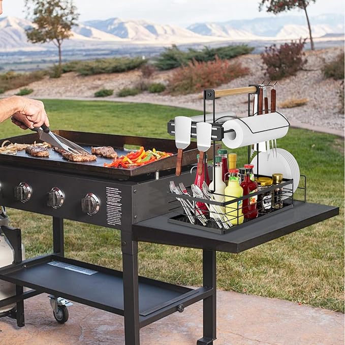Grill Caddy with Magnetic Tool & Paper Towel Holders, Picnic Utensil Condiment Caddy, Barbecue Grill Tool Organizer for Outdoor Camping, Cooking, Camper