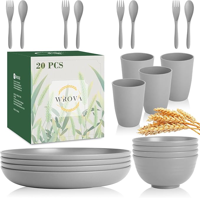 Wrova Wheat Straw Dinnerware Sets of 20,Dishwasher Safe Kitchen Plates and Bowls Sets,Camping Dishes Sets Contains Dinner Plates,Cereal Bowls,Drinking Cups and Flatware.(Grey)