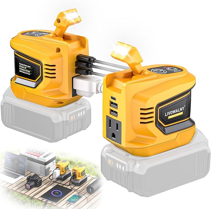 LIVOWALNY 200W-250W Power Inverter Compatible with DeWALT 20V Battery (Battery Not Included), DC 20V to AC 110V-120V Portable Inverter, 1 AC Outlet, 2 USB Ports & 1 Type-C Port, LED Work Light(2-Pack)