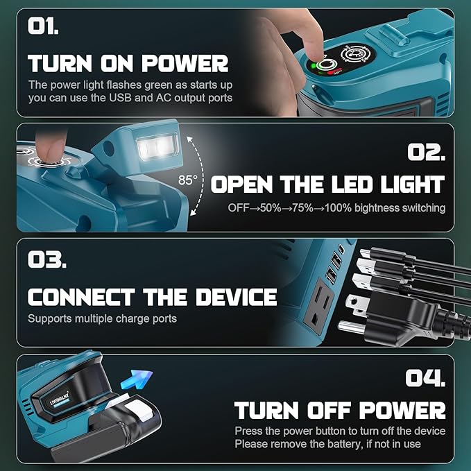 LIVOWALNY 200W Power Inverter Compatible with Makita 18V Battery, DC 18V to AC 110-120V Power Station with 1 AC Outlet, 2 USB, 1 Type-C & LED Light, for Camping Power Outage (No Battery)