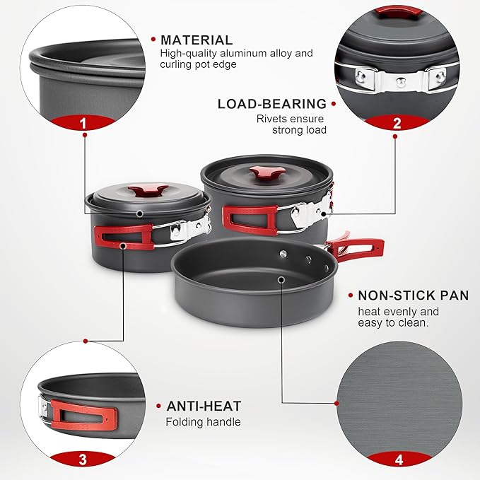 Alocs Camping Cookware Set - Lightweight Camping Pots and Pans - Portable Outdoor Cookware with Kettle - Camping Cookware Mess Kit for 2