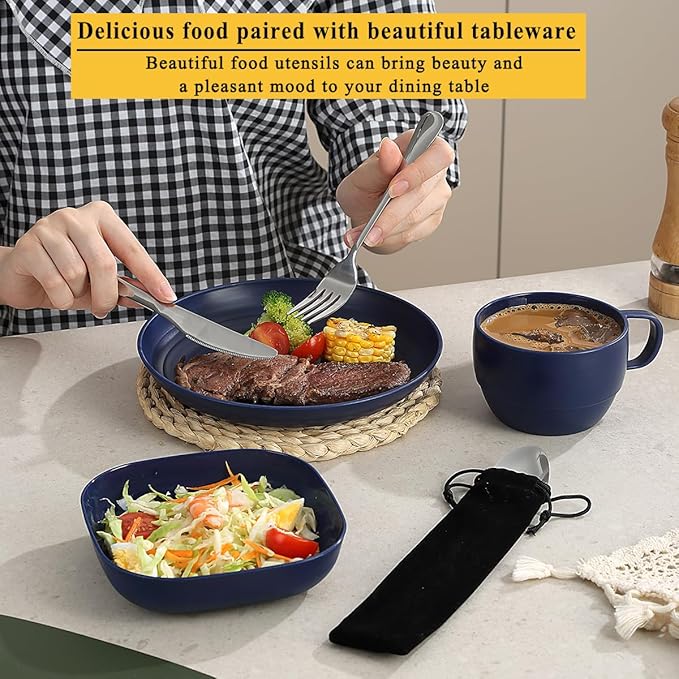 Camping Utensils Set, ReaNea Camping Plates and Bowls Set with Coffee Mug, Travel Cutlery Set Include Spoon, Fork, Knife for Home, Poolside, Outdoor, Picnic, Camp
