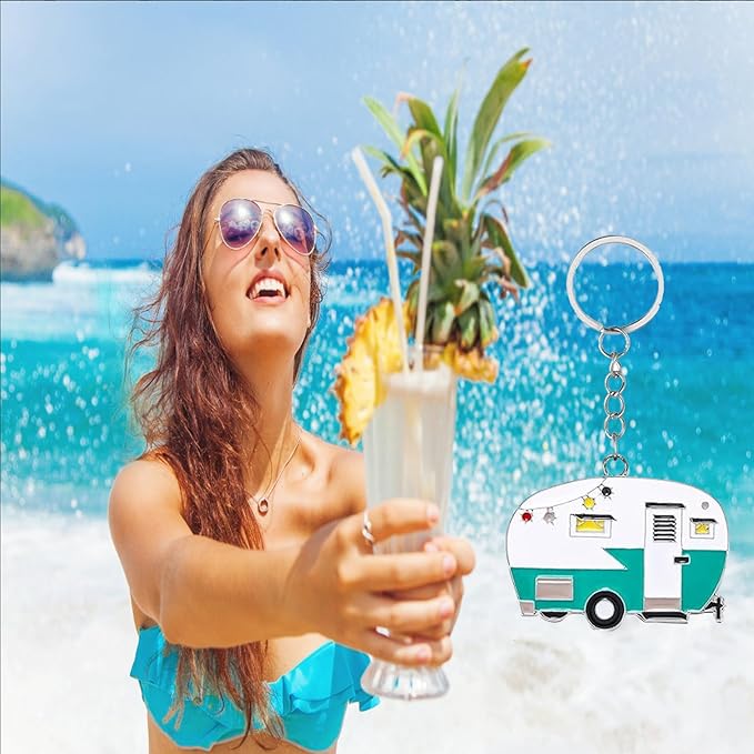 2 Pack Camper Keychain Set Happy RV Camper Keyring Couples Camping Accessories for Men Women Travel Trailers