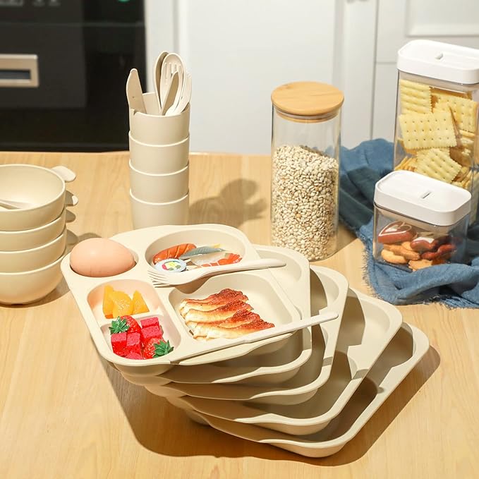 24 Pcs Wheat Straw Dinnerware Cutlery Set for Aldult Including Divided Plates Microwave Dishwasher Safe Bowl Unbreakable Tableware Straw Cutlery Spoon Knife Fork(Beige)