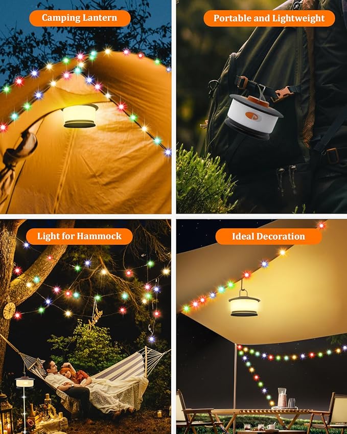 HOMEBEST Upgraded 33FT RGB Camping String Lights, Retractable Camping Lights with Music Sync, 19 Modes, Rechargeable Waterproof Tent Lights, Portable Camping Lantern for Tent, RV, Awning