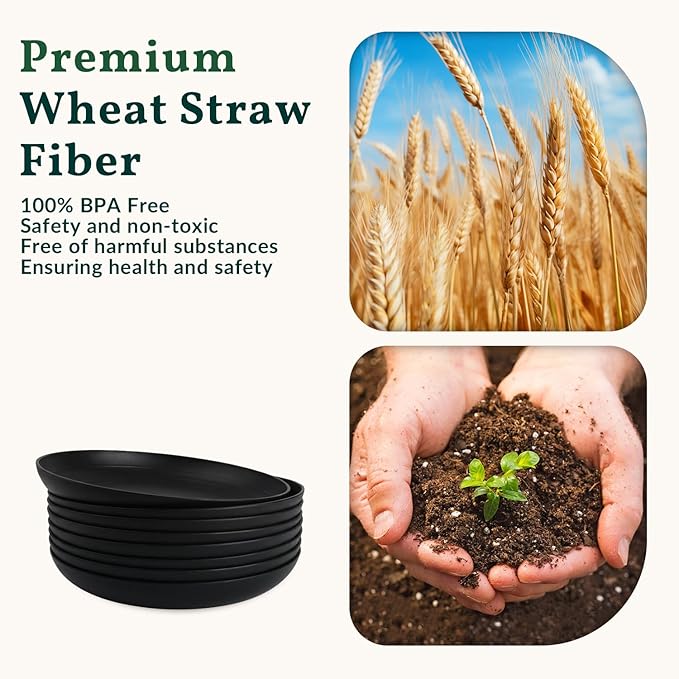 Homienly Wheat Straw Plates Unbreakable Deep Dessert Plates Set of 8 Plastic Plates Reusable Microwave Safe Plate for Kitchen Camping Party Dishwasher Safe Stackable Appetizer Plates (8in, Black)