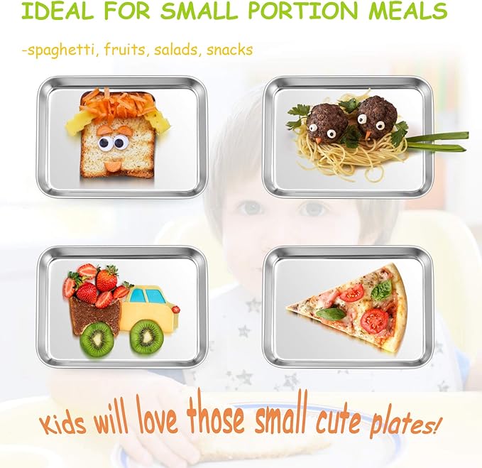 E-far Stainless Steel Kids Plates, 4 Pieces Small Metal Dinner Dish Set for Kids Toddler Child, 9.4” x 7.3” x 1”, Non-Toxic & Dishwasher Safe, Great for Self-Feeding/Picnic/Outdoor Camping
