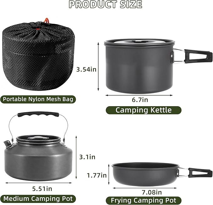 aiGear 3pcs Camping Cooking Set for 1-2 People, Lightweight Foldable Pot Pan Kettle with Storage Bag, Backpacking Cooking Set for Hiking Picnic Camping