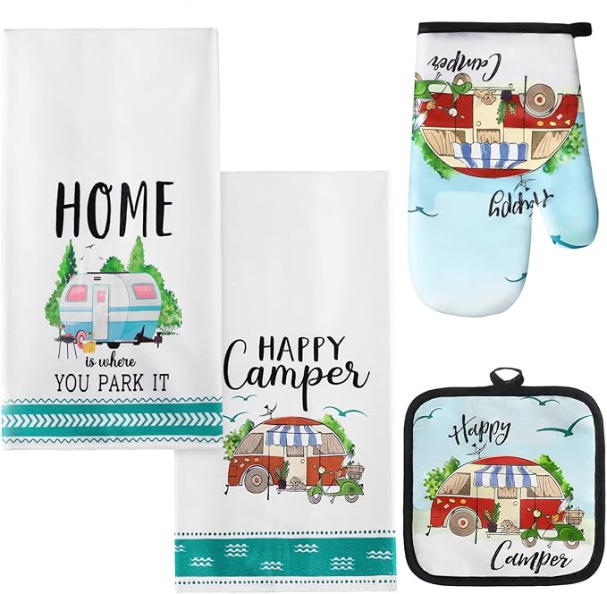 CHENGU 4 Pcs Camping Dish Towel Pot Holder Oven Mitt Gifts Camping Must Have Accessories Essentials Making Memories One Campsite at a Time RV Kitchen Towel Absorbent Soft Hand Dishcloth