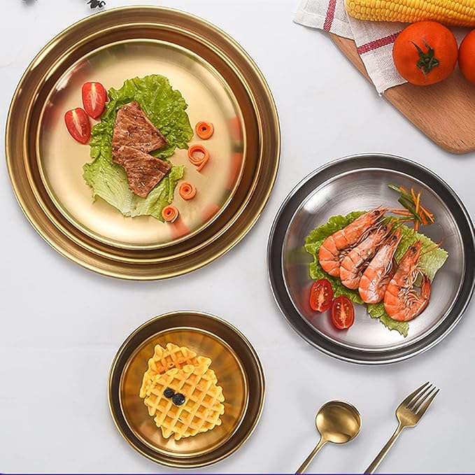 Stainless Steel Gold Plates 2 Set Round Dinner Dishes 9 Inch Metal Plates Great for Picnic,Outdoor Camping Plate,Shatterproof Dishwasher Safe