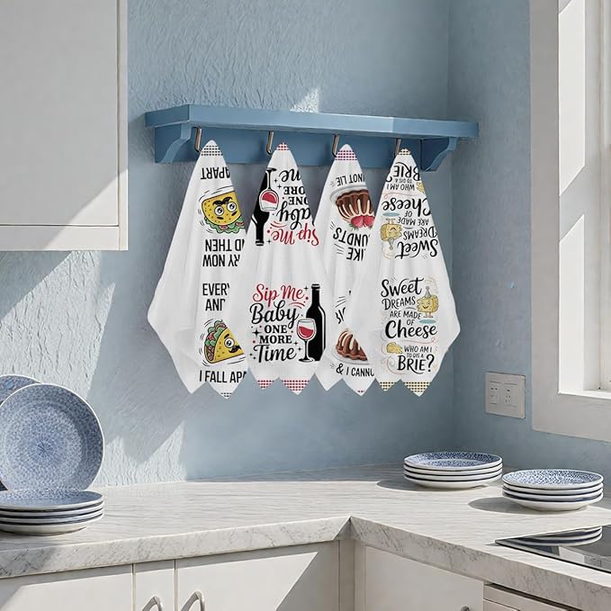 4PCS Funny Kitchen Towel, Cute Decorative Dish Towels Sets, Absorbent Waffle Hand Towels, Housewarming Gifts for New Home, Women, Mom, Funny House Warming Presents, Hostess Gifts