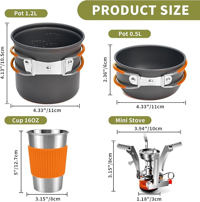 aiGear 8pcs Camping Cookware Mess Kit, Camping Pot and Pan Set with Mini Backpacking Stove, Stainless Steel Cup, Spork and Tank Bracket, Cooking Gear for Hiking Camping Outdoor Picnic