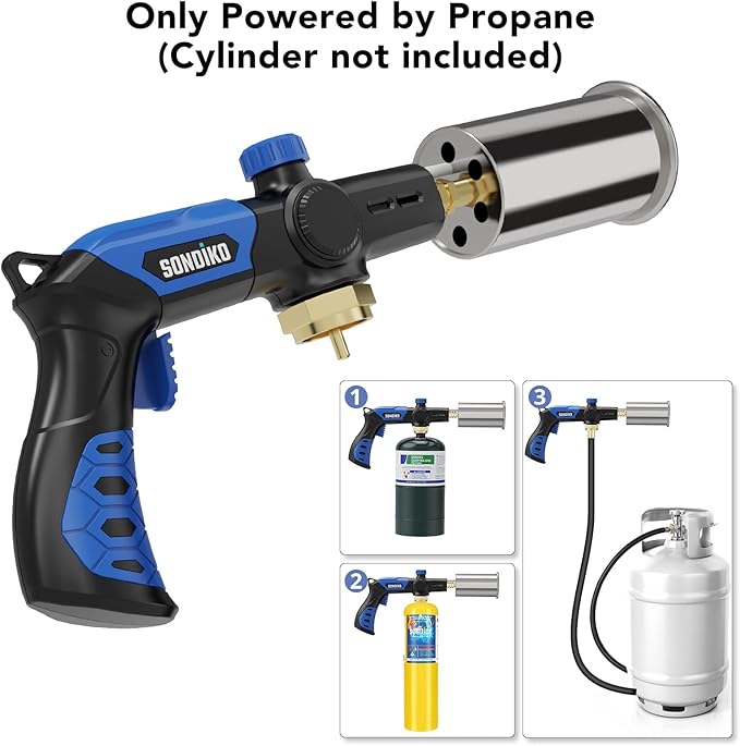 Sondiko Powerful Grill & Cooking Propane Torch L8010, Sous Vide, Campfire Starter, Adjustable Wood Torch Burner for Searing Steak, BBQ, Welding(Blue & Black) Propane Tank Not Included