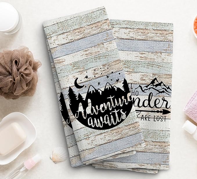 Camping Dish Towels, Camping Gifts for Women Men, Camping Decor for Camper, RV Accessories, Adventure Awaits Decoration Hand Tea Towels, Set of 2, 16x24