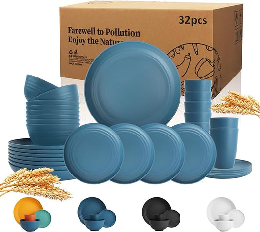 Wrova Wheat Straw Dinnerware Set of 32,Unbreakable Dinner Plates and Bowls Dishes Sets Service for 8,Dishwasher Safe Dinnerware Sets for Kitchen and Camping.Navy Blue