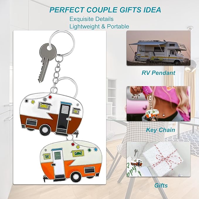 2 Pack Camper Keychain Set Happy RV Camper Keyring Couples Camping Accessories for Men Women Travel Trailers