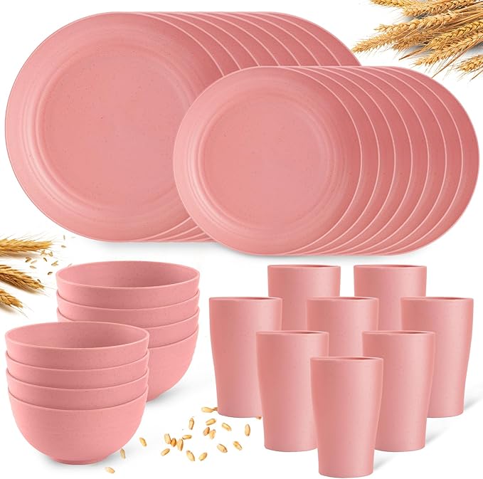 Pink Dinnerware Sets for 8,Pink Plates and Bowls Sets Plastic,Wheat Straw Dinnerware Sets Unbreakable Microwave Safe Lightweight,32 Pcs Christmas Dishes Set for Kids Elderly Kitchen Outdoor