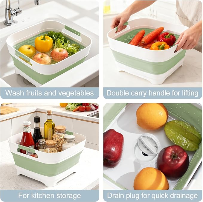 Collapsible Dish Basin with Drain Plug, 2.4 Gal 9L Foldable Wash Basin, Portable Sink Tub for Kitchen, Baby Bottles, Camping, RV, Vegetable Washing and Beverage Tub, Green