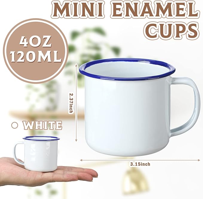 Yinder Mini Enamel Camping Coffee Mugs Metal Small Classic Portable White Campfire Mugs Bulk Vintage Cups with Handle for Coffee Tea Picnic Travel Indoor Outdoor Activities(4 oz, 12 Pcs)
