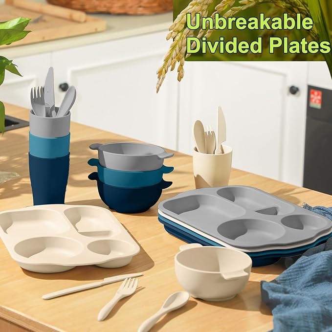 24 Pcs Wheat Straw Dinnerware Cutlery Set for Adult Including Divided Plates Microwave Dishwasher Safe Bowl Unbreakable Tableware Straw Cutlery Spoon Knife Fork(Dark Color)