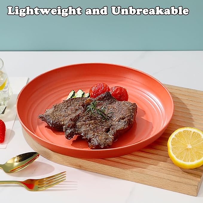 Wheat Straw Plates, Unbreakable Dinner Plates Set of 4, Plastic Plates Reusable, Dishwasher & Microwave Safe, Lightweight Salad Plates for Camping/Kitchen (Orange)