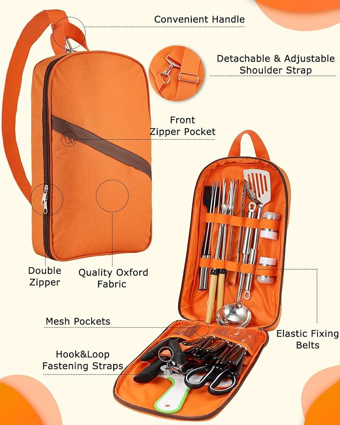 Hozzen Camping Cooking Set - Camping Utensil Set Car Camping Cooking Essentials Gear for Camp Kitchen Cooking and Grilling, Stainless Steel & Silicone Ideal Gift for RV Tent Camper, Picnics, BBQs