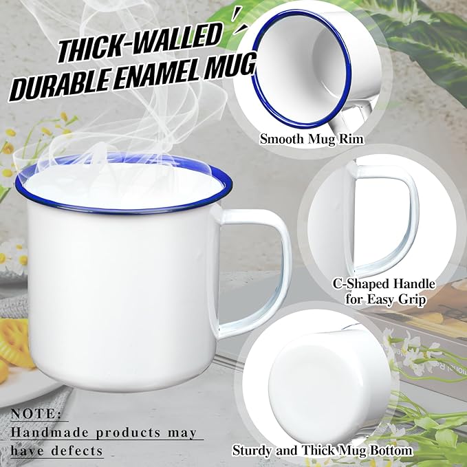 Yinder Mini Enamel Camping Coffee Mugs Metal Small Classic Portable White Campfire Mugs Bulk Vintage Cups with Handle for Coffee Tea Picnic Travel Indoor Outdoor Activities(12 oz, 12 Pcs)