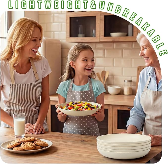 Wheat Straw Dinner Plates 6-Piece Set, 10 Inch Unbreakable Deep Plates, BPA-Free Reusable Plastic Plates, Microwave and Dishwasher Safe for Family, Kitchen, Beige