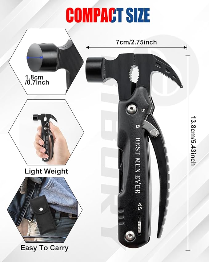 BIBURY 12-in-1 Multitool Hammer, Heavy Duty Survival Gear with Safety Lock, Fathers Day Gift for Dad Husband Men, Portable EDC Multi Tool Gadgets for Camping Hiking Car Emergency