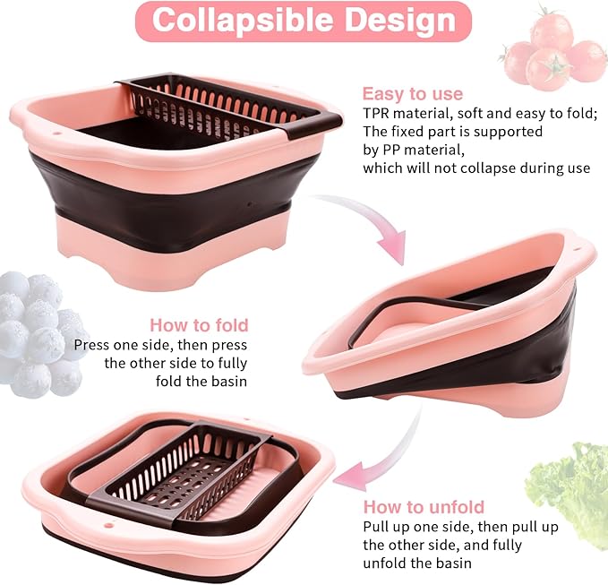 Collapsible Dish Basin with Drain Plug and Portable Sink, 11L(2.91 Gallon) Collapsible Bucket with Sink. Foldable Wash Basin for Station Campin/Camping/Rv/Kitchen (Pink)