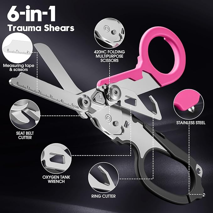 trauma shears, foldable emergency scissors, combining 6 functions into one, suitable for outdoor camping, emergency rescue, and wilderness survival. (black-pink)