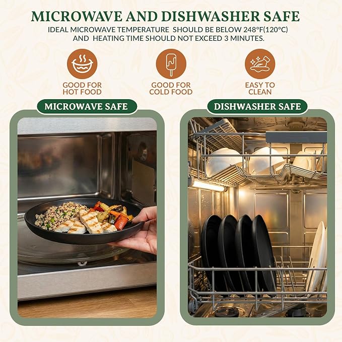 Homienly Wheat Straw Plates Unbreakable Deep Dessert Plates Set of 8 Plastic Plates Reusable Microwave Safe Plate for Kitchen Camping Party Dishwasher Safe Stackable Appetizer Plates (8in, Black)