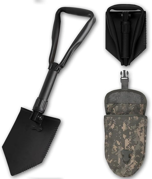 2 Piece Military Grade Entrenching Tool Set – Tri Fold Metal Alloy Foldable Camping Shovel w/ACU Pouch – Compact, Multipurpose Collapsible Shovel – Versatile Survival Gear for Outdoor Enthusiasts