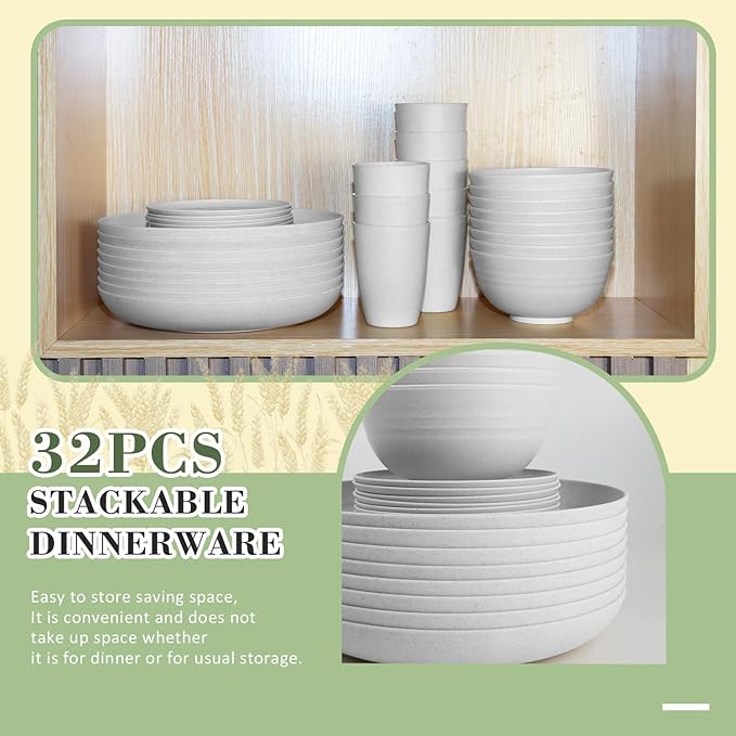 Wrova 32-piece Kitchen Alternative Plastic Wheat Straw Dinnerware Sets,Unbreakbale Dishwasher Safe Kitchen Bowls and Plates Sets with Cups,Modern Apartment Essential Dishes Set for 8.White Series