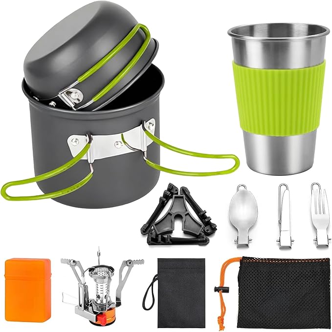aiGear 8pcs Camping Cookware Mess Kit, Camping Pot and Pan Set with Mini Backpacking Stove, Stainless Steel Cup, Spork and Tank Bracket, Cooking Gear for Hiking Camping Outdoor Picnic