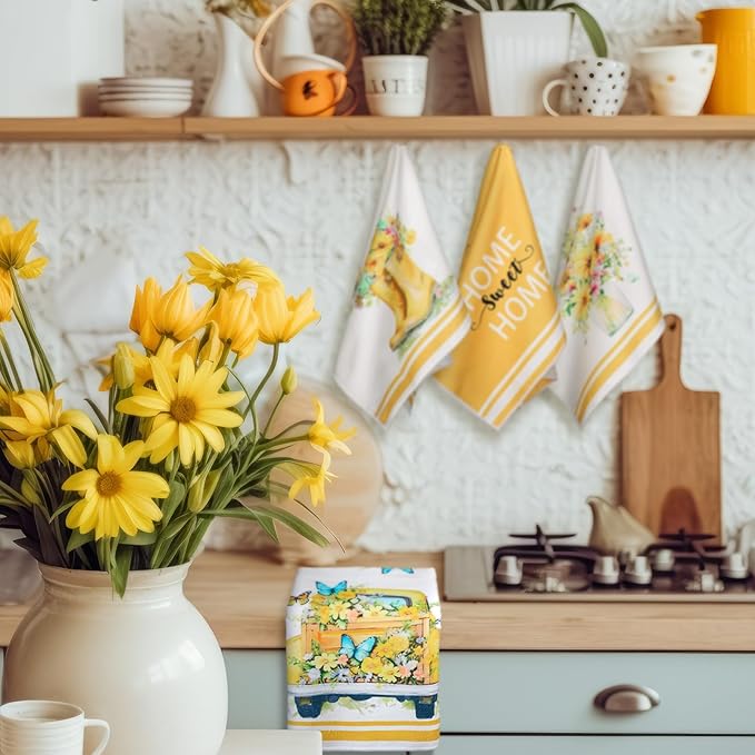 Boyiee Set of 6 Yellow Flower Kitchen Towels Decorative Floral Tea Towels Absorbent Home Dish Towels 24 x 16 Inch Truck Reusable Hand Towel Housewarming Gift for Farmhouse Kitchen Bathroom Decoration