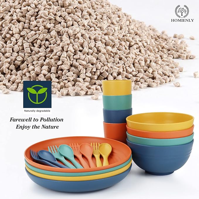 Homienly Wheat Straw Plates and Bowls Sets Unbreakable Dinnerware Set 20 PCS Dish Set for Camping, Party, Picnic Microwave and Dishwasher Safe Kitchen Dinner Set Apartment Essentials (Multicolor)