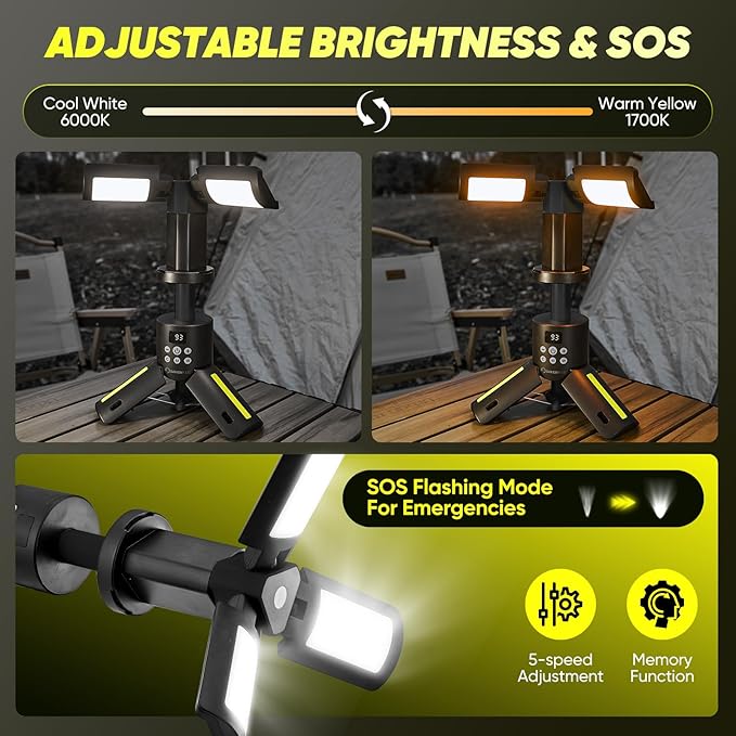 SakerPlus Portable Camping Lights with Stand, 5000LM Rechargeable LED Flashlight, 9 Color Modes, Collapsible Camping Lantern Tent Light with Magnetic Base for Power Outages, Camping & Emergency(Black)