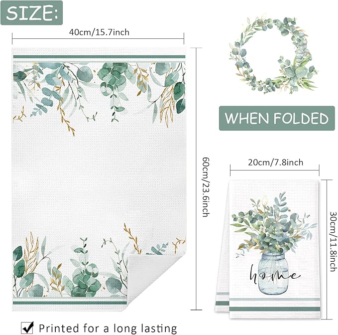 Green Eucalyptus Leaf Kitchen Towels, 4 Pack Love Sweet Home Quotes Eucalyptus Wreath Tea Dish Towels, Absorbent Drying Cloth Tea Towels for Cooking Baking,16×24IN (Green Leaves Towels)
