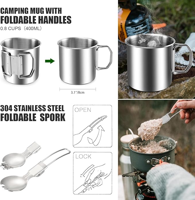 Odoland 8pcs Camping Cookware Mess Kit, Camping Pot and Pan Set with Mini Backpacking Stove, Stainless Steel Cup, Spork and Tank Bracket, Cooking Gear for Outdoor, Hiking, Picnic, Campfire