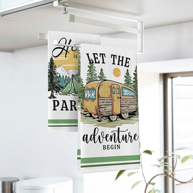Camping RV Kitchen Dish Towels Set of 2, Let The Adventure Begin Camper Tent Drying Hand Towel Baking Cooking Cloth, Farmhouse Forest Mountain Sun Campsite Home Decoration 18 x 26 Inches