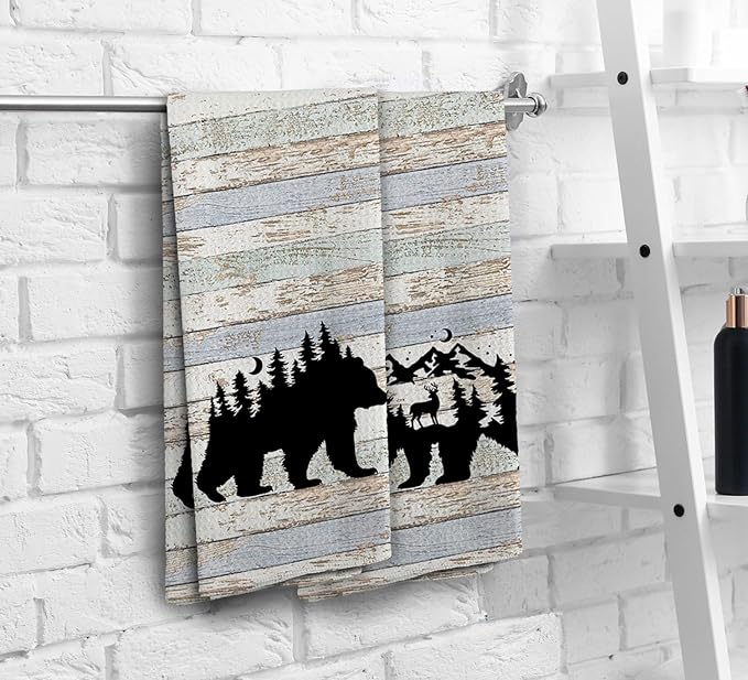 Wild Animal Kitchen Towels, Camping Gifts, Bear Dish Towel, Rustic Forest Bathroom Decor, Art Prints, Gifts for Friends Women Men, Set of 2, 16x24