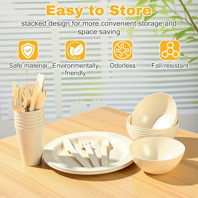 LemonRoad 6 Set College Dorm Dishes Essential Kit, Plates and Bowls Back to School Beige Room Dishes Set with Storage Mesh Bag Cup, Microwave Dinnerware Picnic for RV Camping