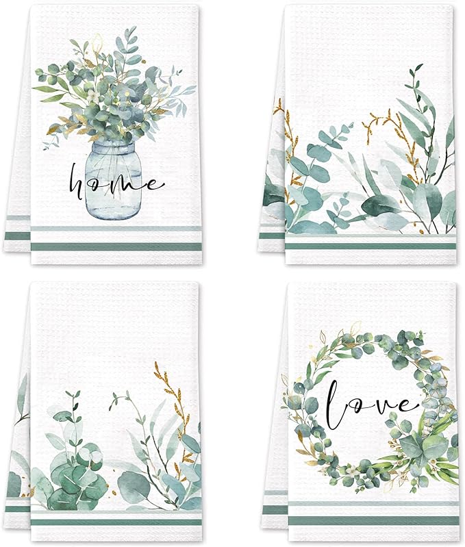 Green Eucalyptus Leaf Kitchen Towels, 4 Pack Love Sweet Home Quotes Eucalyptus Wreath Tea Dish Towels, Absorbent Drying Cloth Tea Towels for Cooking Baking,16×24IN (Green Leaves Towels)